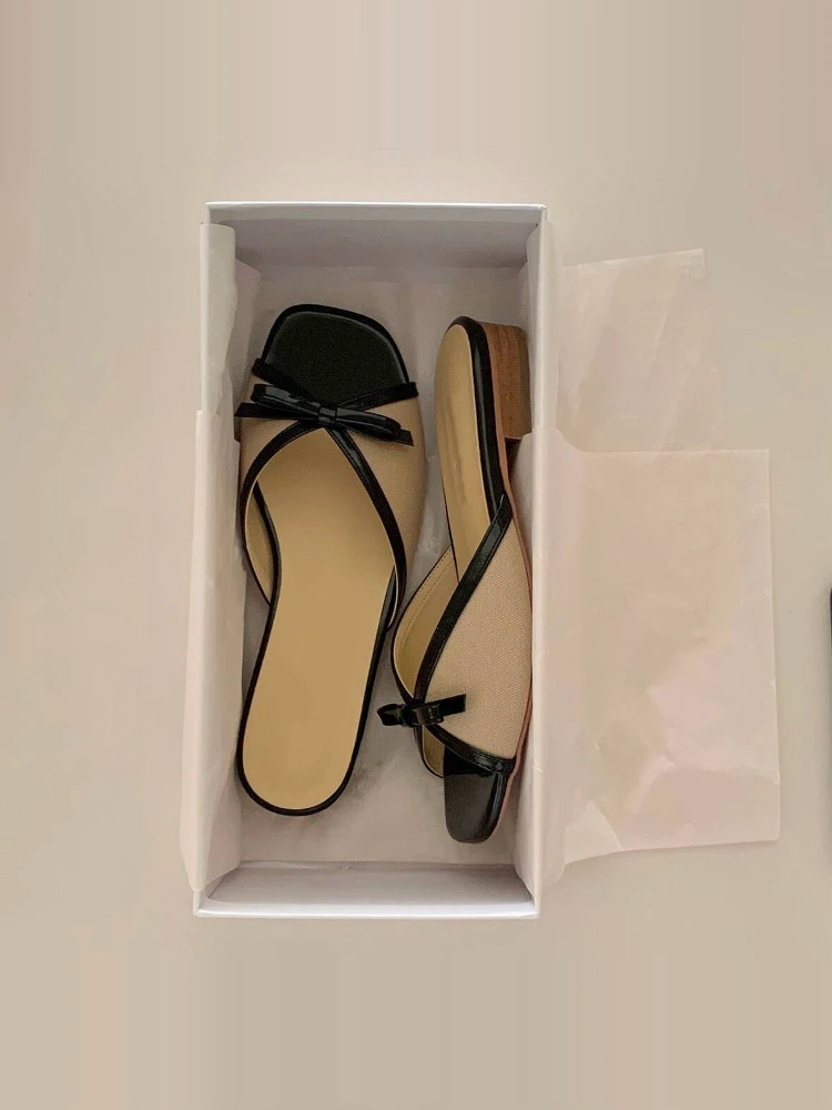 

Bow Knot Square Open Toe Low Thick Heel Flip Flops Color-Blocked Outer Wear Sandals French Style Women's Shoes Sandalias Mujer