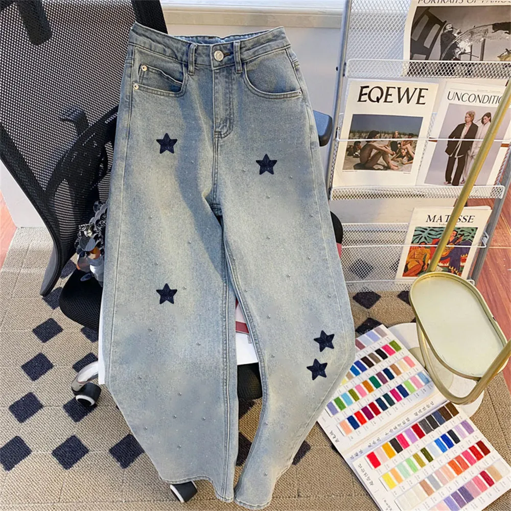 

Stars Print Women's Jeans 2026 Spring New American Style High Waist Vintage Pants Slim-looking Straight Wide Leg Trousers