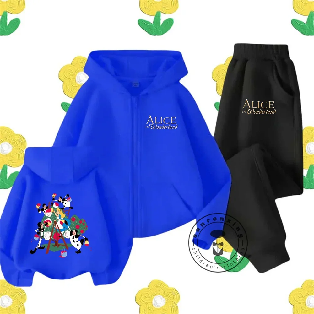 Geweldige Alice in Wonderland Kinderen Rits Hoodie Set Disney Cartoon Print Herfst en Winter Sweatshirt met lange mouwen Jongens