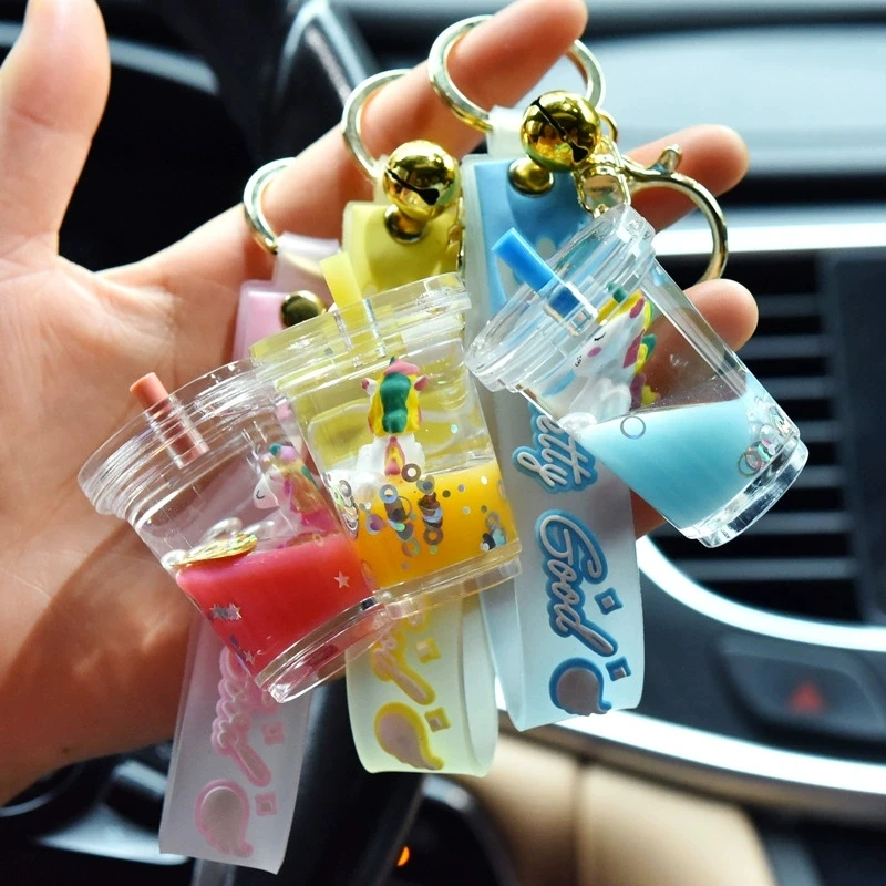 Cartoon Cute Unicorn Keychain Milk Tea Cup Liquid Quicksand Sequin Keyring Charm Bag Car Pendant Key Chain for Women Men Kids