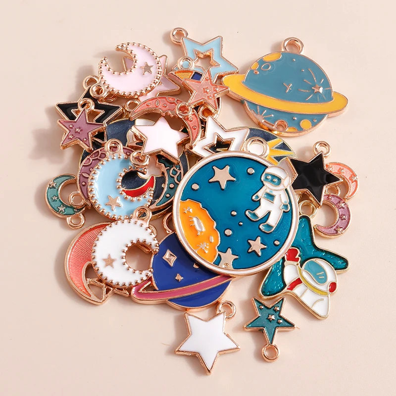 Leslie 10pcs Mixed Enamel Planet Space Star Moon Charms Pendants for Necklaces Bracelet Earrings DIY Jewelry Making Accessories