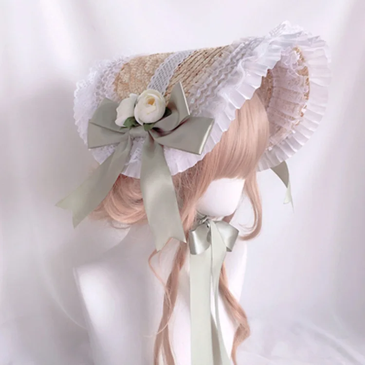 Pastoral Style Women Flower Straw Hat with Chin Strap Ruffle Lace Hats Tea Party Headwear Vintage Medieval Victorian Ribbon Hat