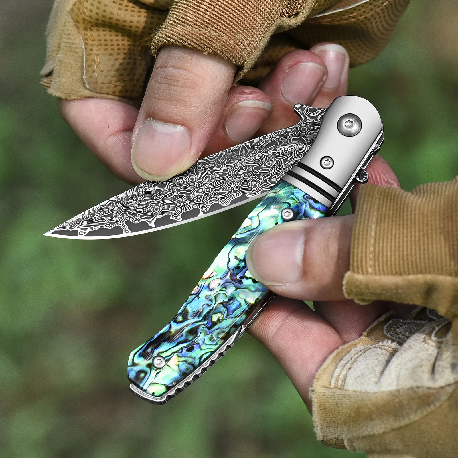 Damascus Steel 67 Layers Folding Knife Vg10 Core Pocket Knife EDC Camping Knife for Men Women with Clip and Leather Sheath