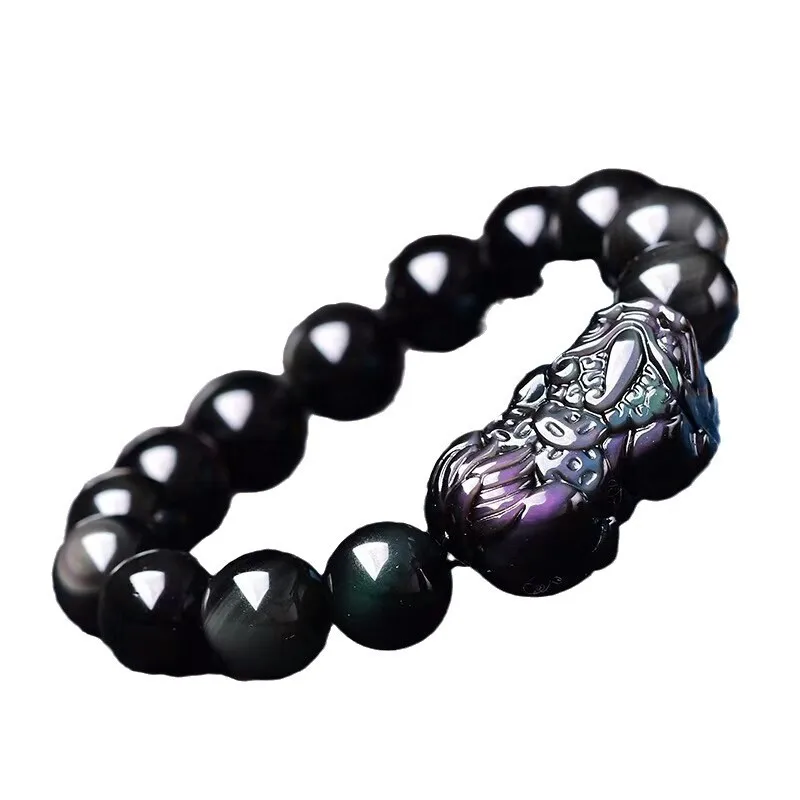 Natural Obsidian Three Coin Pixiu Bracelet With Double Color Eye Round Beads Men And Women view 5