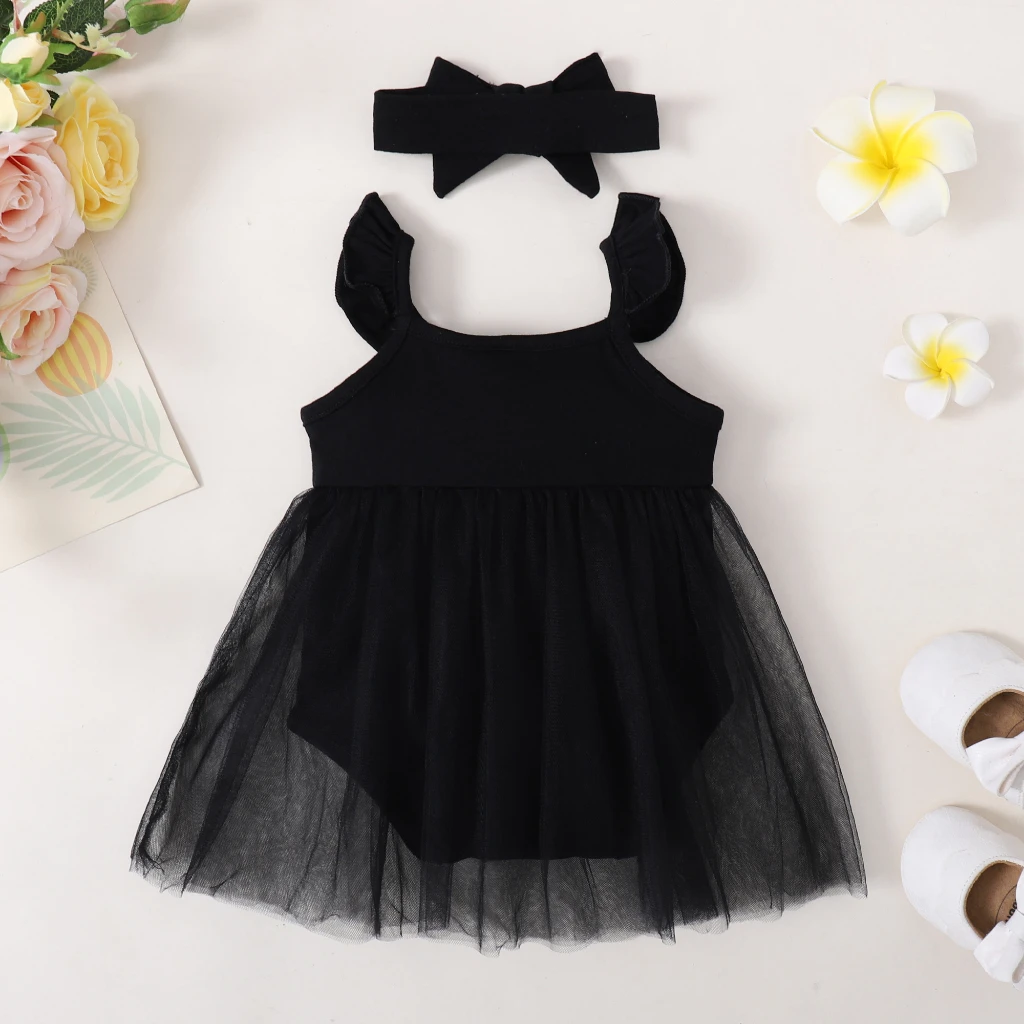 0-18 Months Newborn Baby Girl Romper Dress Sleeveless Black Lace Dress with Headband 2PCS Costume Infant Baby Girl Jumpsuit