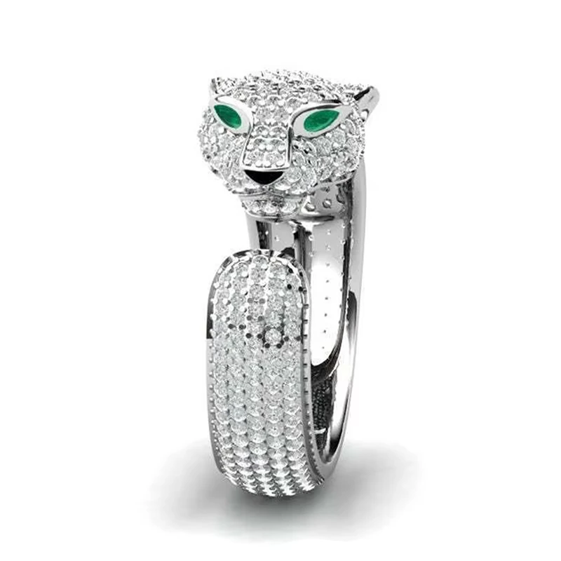 Huajie Personality Bright Zircon Leopard Head Rings Open Resizable Charms Rings Banquet New Fashion Jewelry