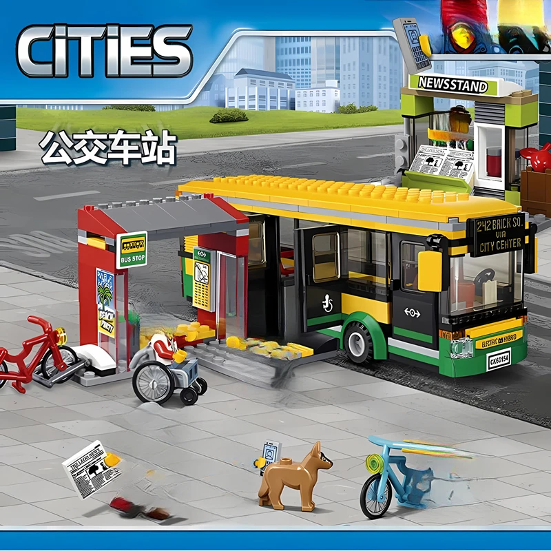 Stasiun Bus 60154 Seri Kota di Platform Model Blok Bangunan Mainan Dekorasi Puzzle Anak-anak Perakitan untuk Hadiah Anak-anak