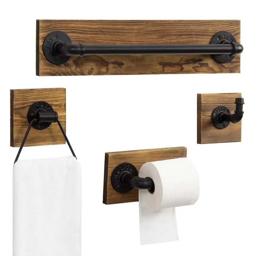 

4Piece Bathroom Hardware Set Toilet Paper Holder with Burnt Wood and Industrial Matte Black Metal Pipe Includes, Towel Ring, Tow