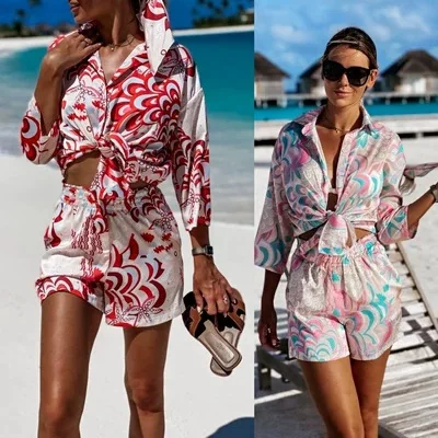 Fashion Long Sleeve Print Beach Shirts And Shorts Two Piece Sets Women 2024 Summer Casual Vintage Holiday Outfits 2 Piece Set