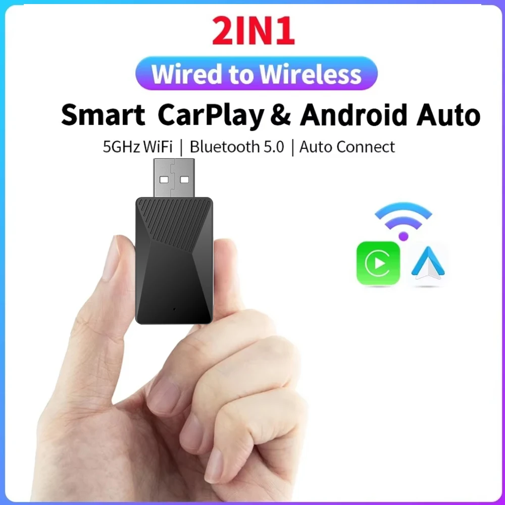 2 in 1 AI Box Carplay Mini Wired to Wireless 5G Wif Bluetooth 5.0 Android Auto Plug and Play Non-inductive Connection