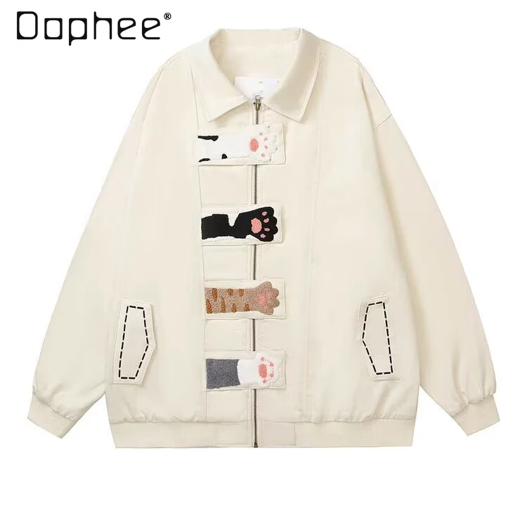 

New Hot Sale Retro Playful Style Men's Cat Paw Patch Yellow Cardigan Jacket Loose Embroidered Couple's Casual Apricot Coat