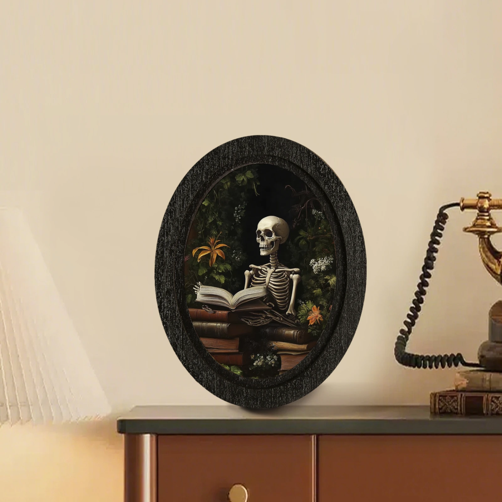 Cross - border Halloween - themed Decoration, Presenting Elements of a Skeleton Reading and Green Plants, Matched with a Retro B