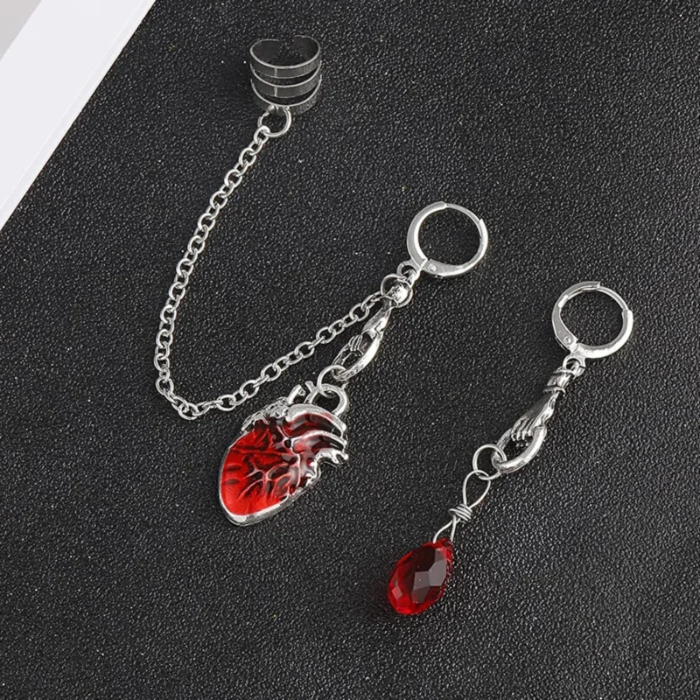 Gothic Style Asymmetric Red Heart Crystal Clip on Earrings for Women Vintage Long Tassel Ear Cuffs Chain Punk Jewelry Pendientes