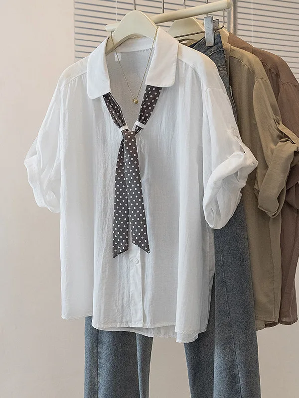 Polka Dot Silk Scarf Bow Tie Short Sleeve Sun Protection Shirt Women's Summer New Loose Slim Fit Five Sleeve Tops