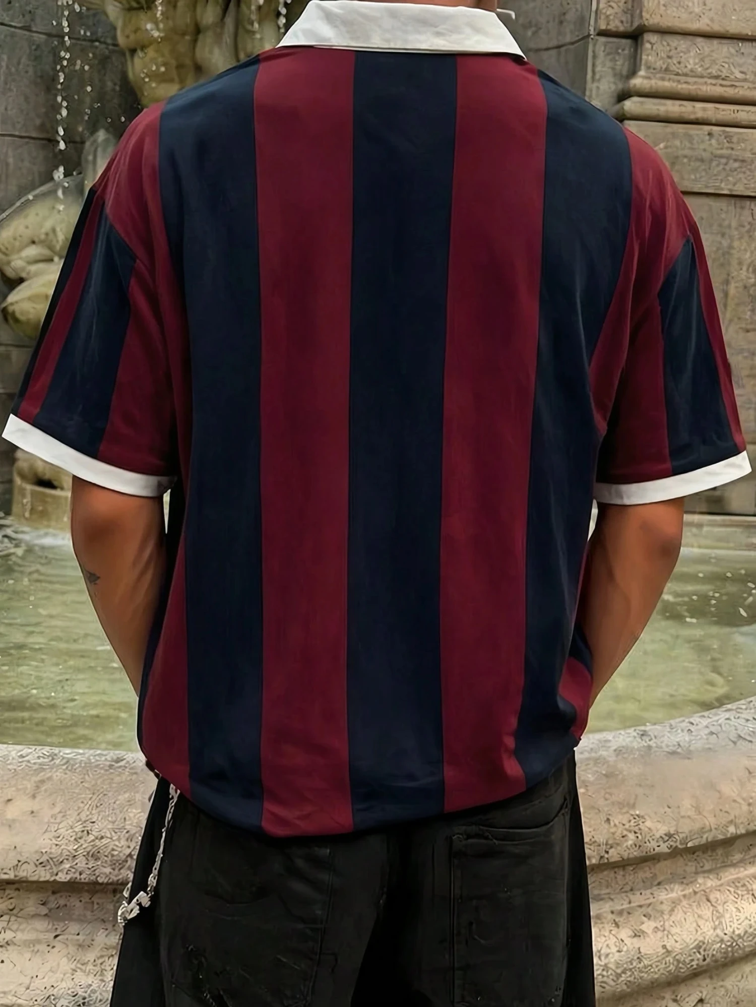 Herren Barcelona Fußball-Trikot-Stil Poloshirt, Gestreiftes Muster T-Shirt, Retro Fußball-Stil Lässiges Tägliches Sport-Sommer-Polo-Oberteil – Detail 2