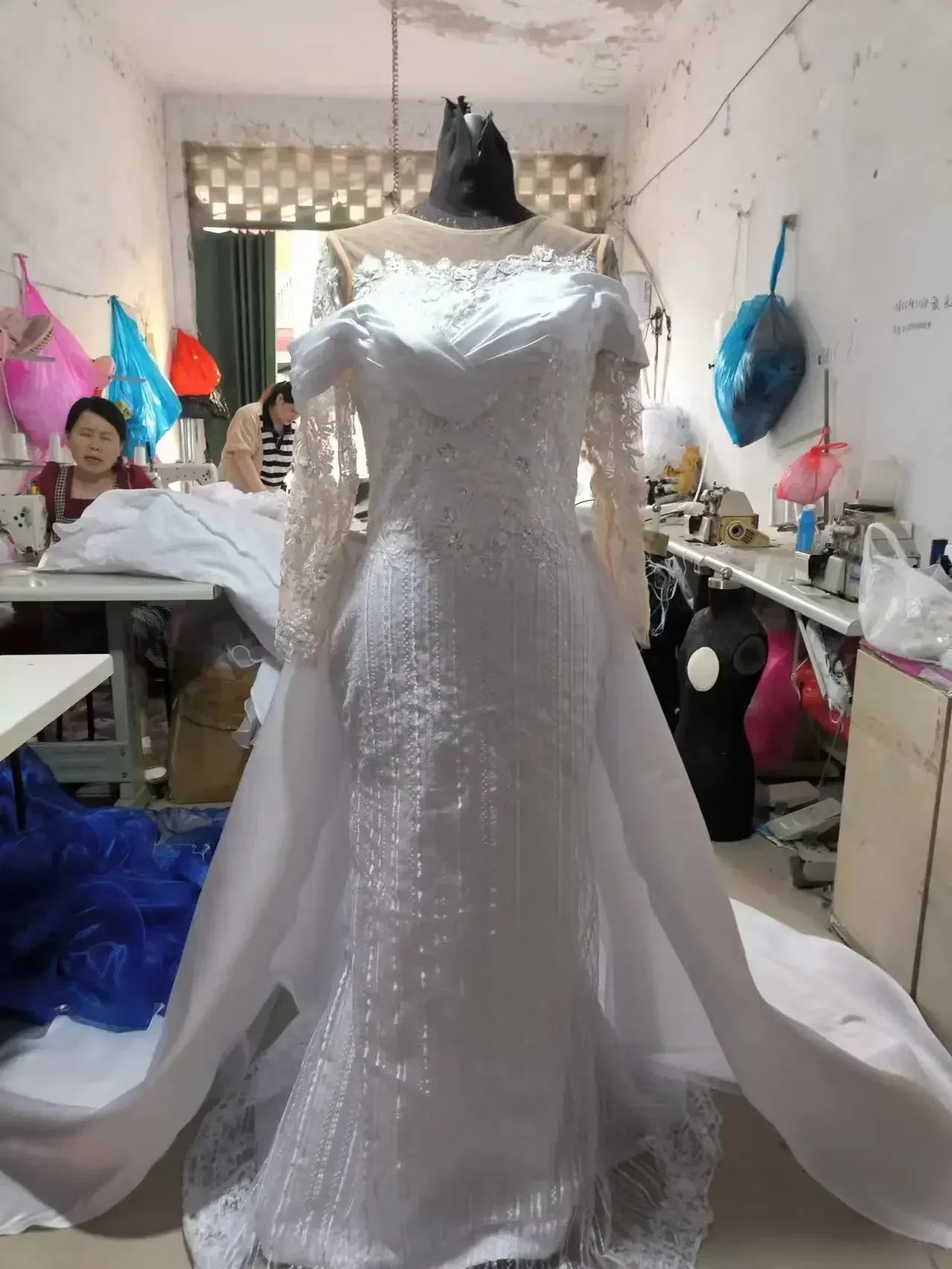 Customized Beaded Lace 2 In 1 Long Sleeves Plus Size Africa Mariages Bridal Gown White Mermaid Wedding Dresses With Detachable T