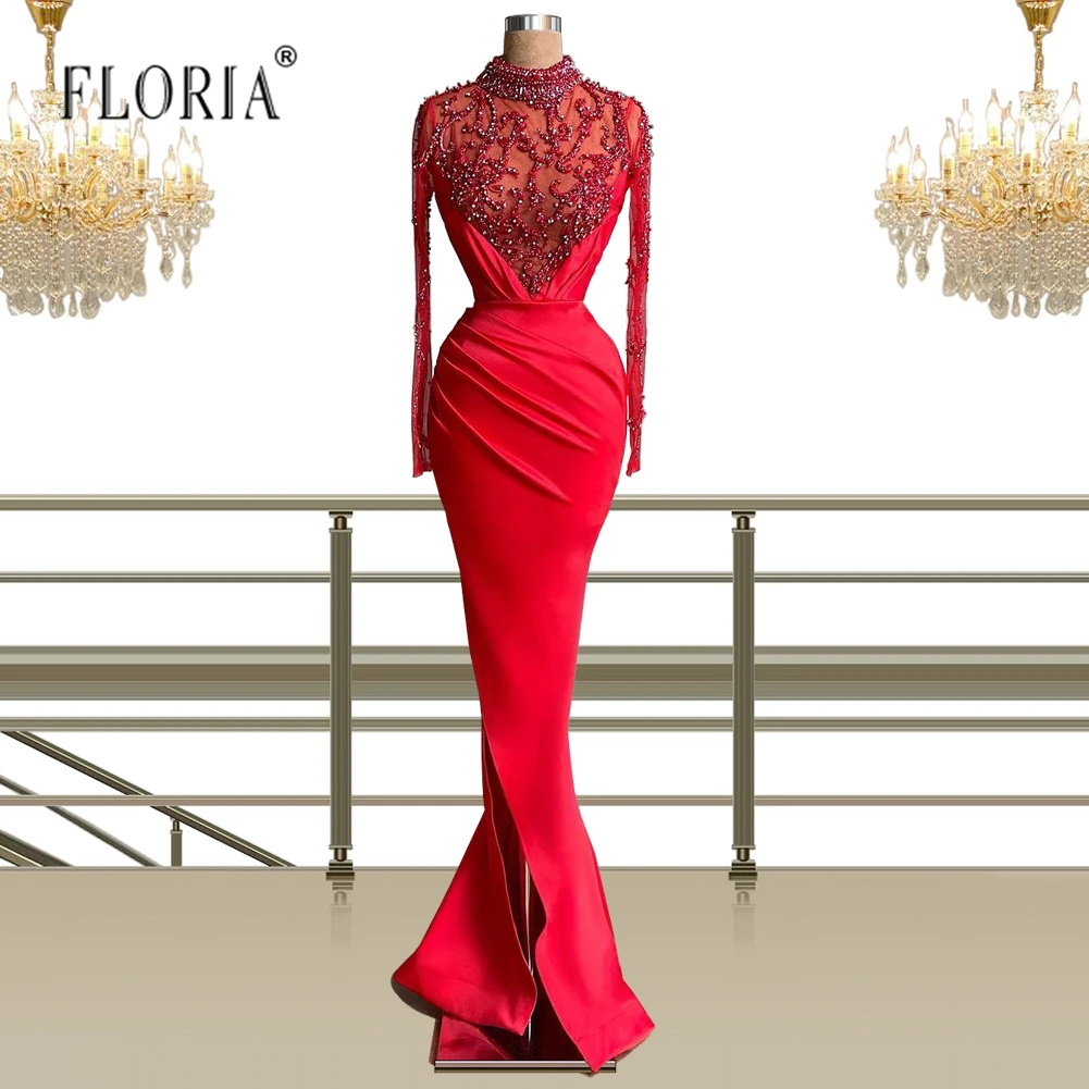 Vermelho completo frisado vestidos formais para as mulheres com lado dividido manga longa vestidos de festa de luxo sereia de gala