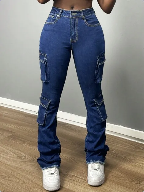 

Women's Jeans Summer New Fashion Trend High Street Workwear Style Dark Denim Low Waist Multi Pocket Design Tight Denim Pants