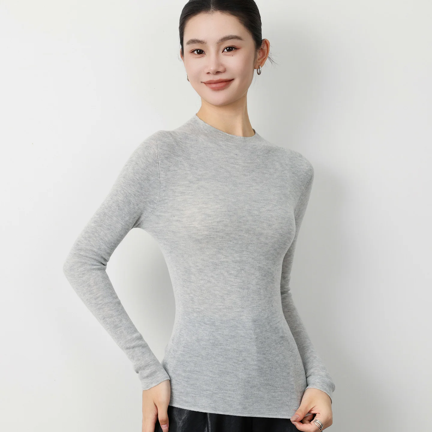 الكلاسيكية سلس الحرير الصوف مزيج البلوز المرأة الحياكة التخسيس نمط سترة نصف عالية الرقبة طويلة الأكمام بلوزات عالية الجودة #5