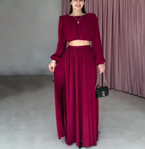 Herbst Neues Damen-Set, lässig, elegant, einfarbig, langärmelig, Rundhals-Top und hoch tailliertes A-Linien-Langrock-Set