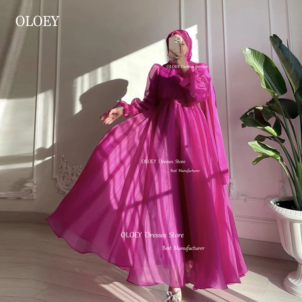 

OLOEY Muslim Arabic Women Evening Dresses Modest Fuschia Organza Long Sleeves High Neck Navy Blue Prom Gown Simple Formal Party