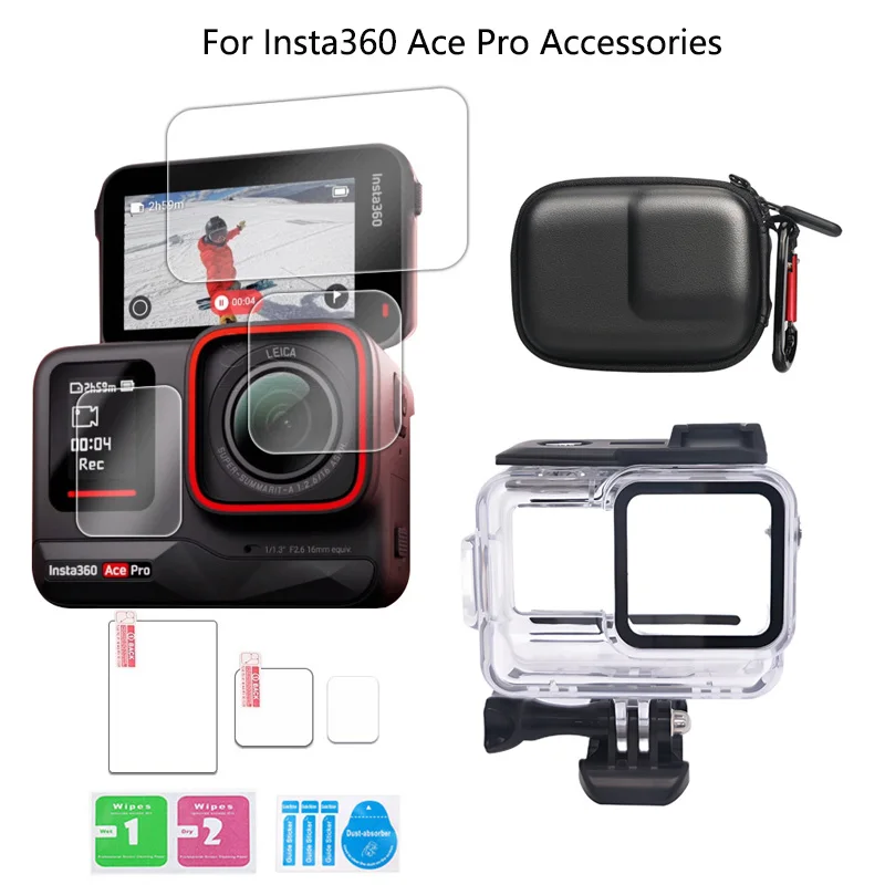 For Insta360 Ace Pro Camera Accessories 9H Tempered Glass Film+60M Dive Case Waterproof Housing+Mini Bag for Insta360 Ace Pro