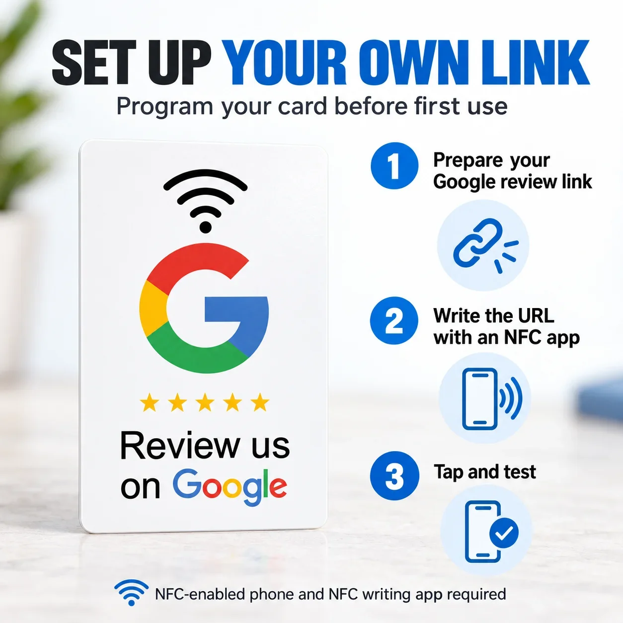 1pc White NFC Card for Google Reviews PVC 215 Chip Rewritable Self-Programming Required Fixed Design with Editable Links