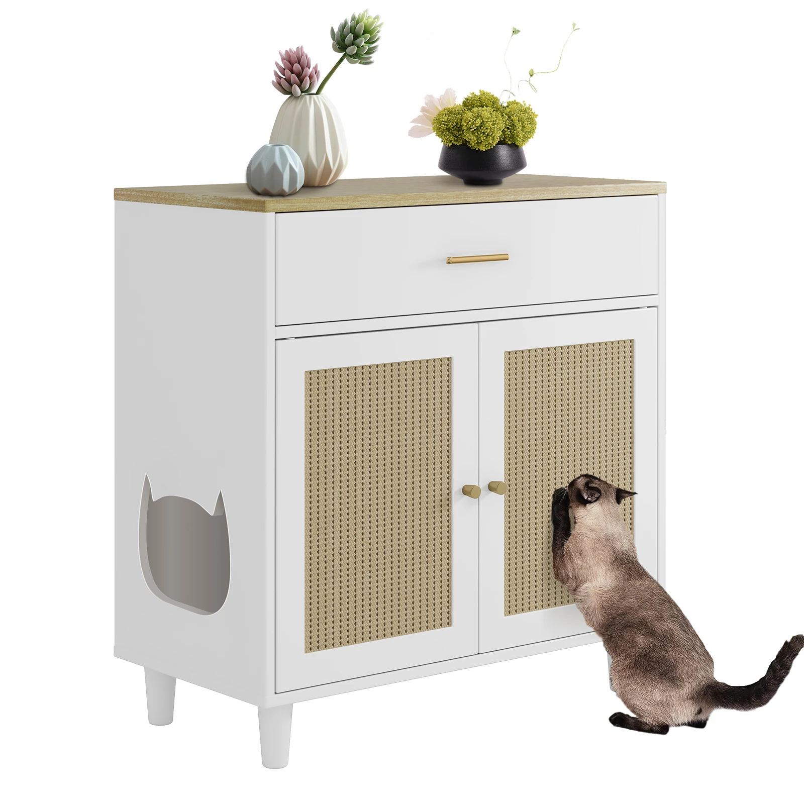 Hidden Cat Litter Box Enclosure Cabinet – White Wooden Furniture with Storage Drawer, Reversible/Sisal Doors – Dog-Proof, Space-Saving – Perfect for Living Room