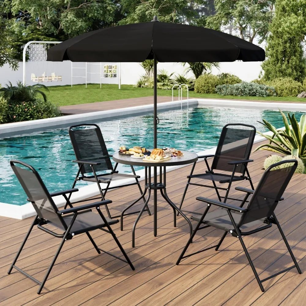 

6 Piece Patio Dining Set, with Umbrella, with 4 Folding Chairs & Portable Metal Garden Table, Outdoor Furniture Set