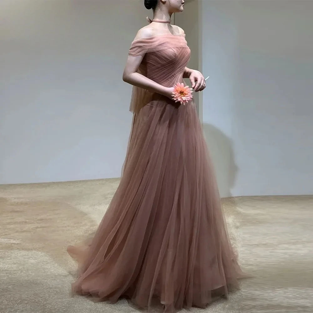 Elegant Brown Wedding Party Dress Off Shoulder Draped Floor Length Tulle Korea Photo Shoot Bridal Reception Gown Customized