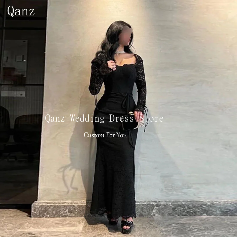 Qanz ลูกไม้สีดําชุดราตรีข้อเท้าความยาว Saudi Mermaid แขนยาว Elegant Party Gowns Vestidos De Gala Mujer ที่กําหนดเอง