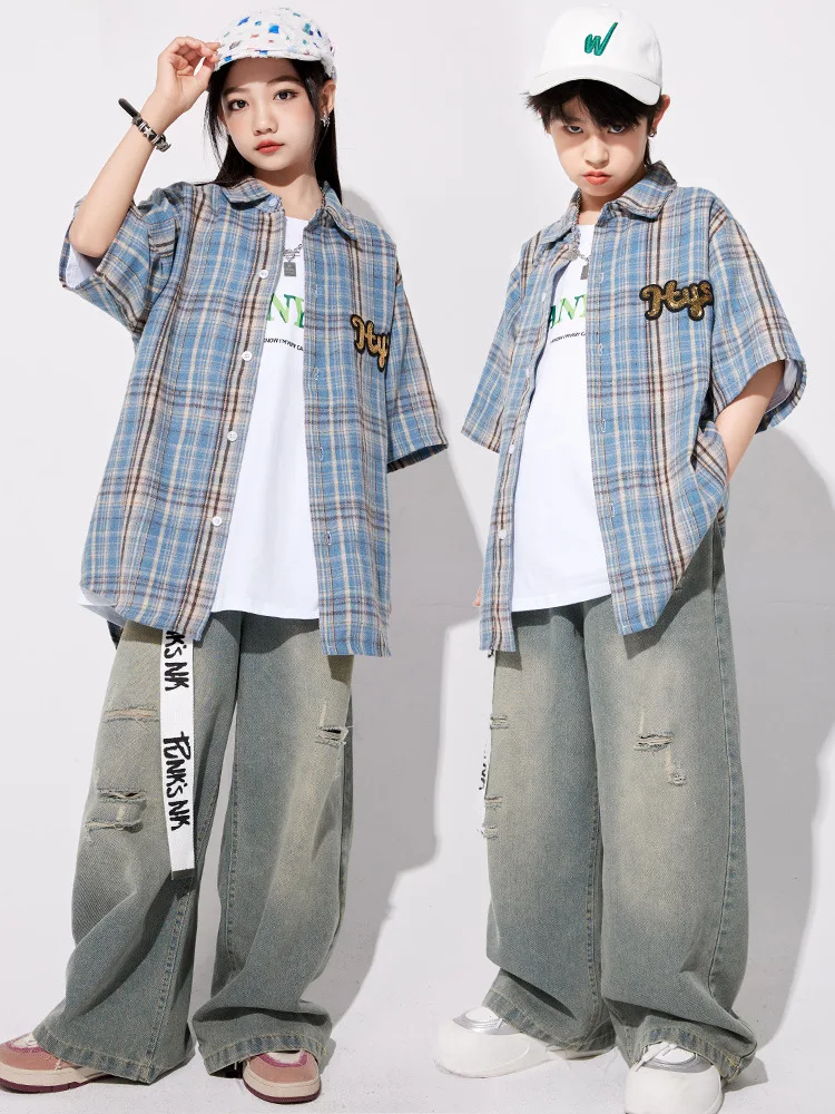 Stroje Hip Hopowe Japońska Krata Koszula Vintage Podarte Jeansy Dziewczęce Zestawy do Tańca Ulicznego K-pop Chłopięca Odzież Streetwear Kostiumy Jazzowe dla Dzieci