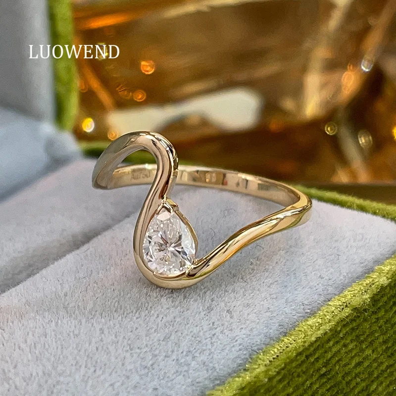 LUOWEND 100% 18K Yellow Gold Rings Fashion Design 0.41carat Real Natural Single Diamond Engagement Ring for Women Fine Jewelry