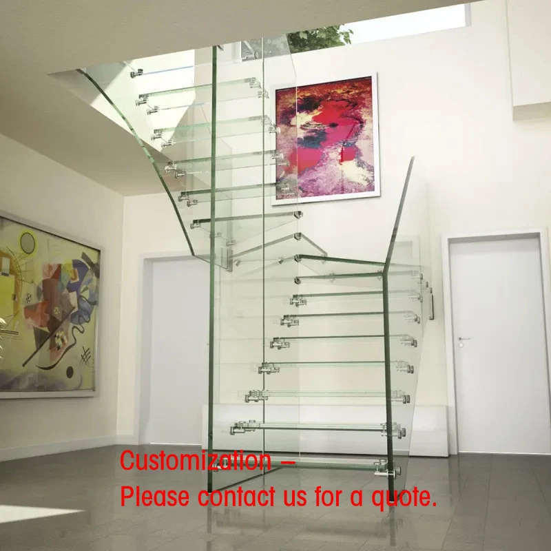 custom.CBMMart Floating Stairs Indoor Modern Wooden Mono Stringer Tempered Glass Panel Railing Handrail Staircase