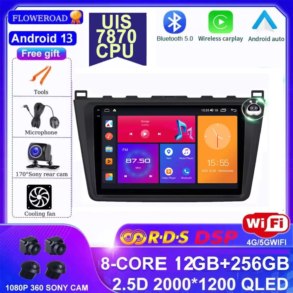 

Android 13 Carplay Auto Car radio For Mazda 6 GH 2007 - 2012 multimedia player GPS Navigation autoradio 8core DSP RDS CARPLAY BT