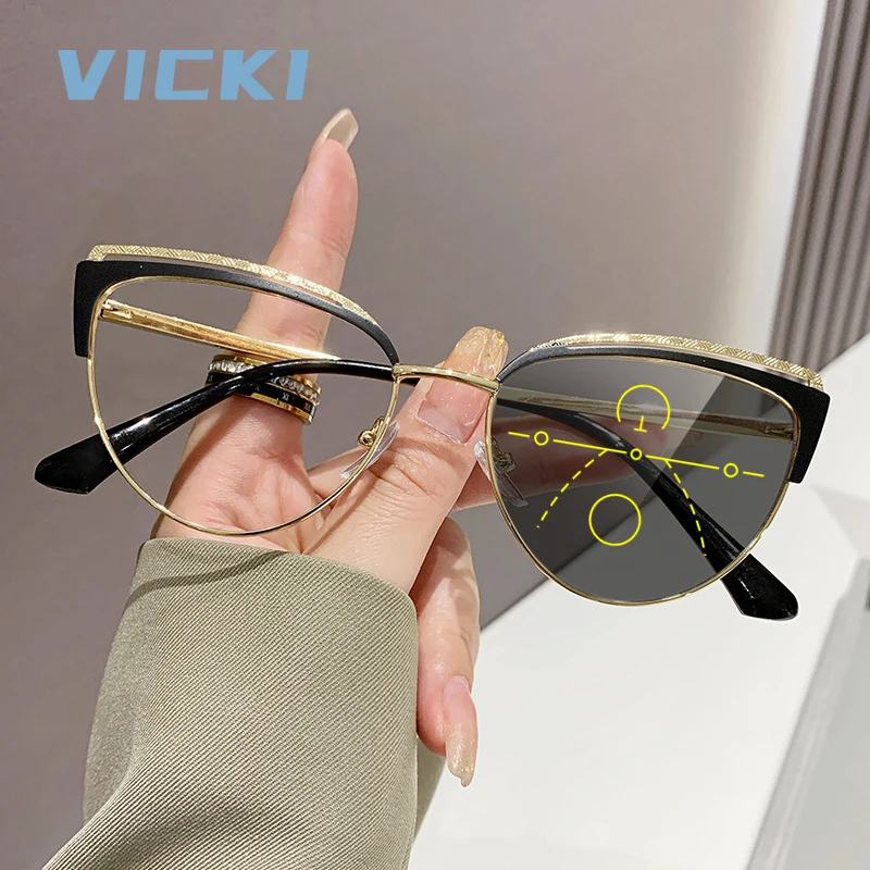 VICKI New Style Trendy Cat-eye Glasses with Customizable Prescriptions, Anti-blue Light Lenses, Multifocal, Photochromic 9036