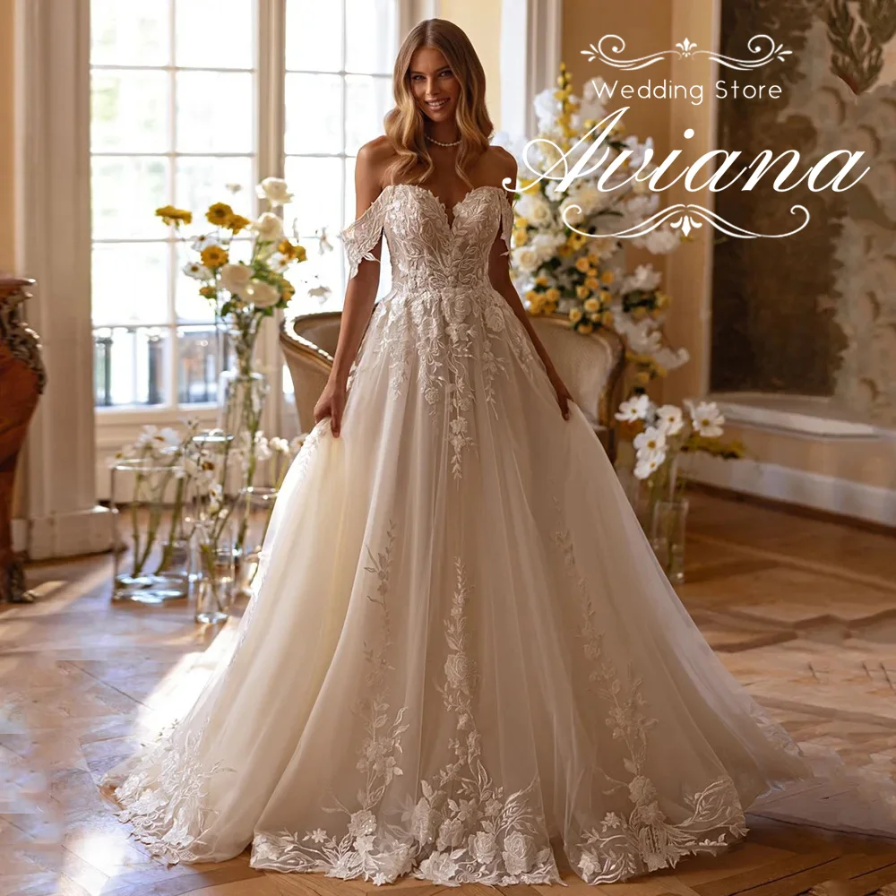 تخصيص Aviana قبالة الكتف الحبيب العنق الدانتيل والتطريز تول الكرة ثوب الزفاف قطار طويل ثوب الزفاف