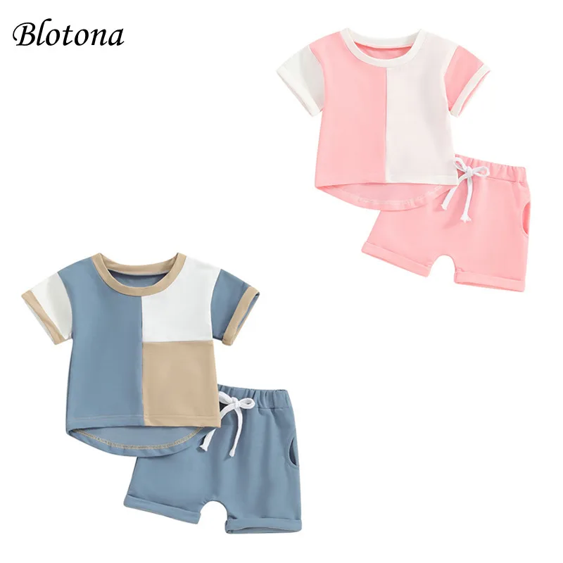 

Blotona Toddler Boy Girl Summer Set Contrast Color Short Sleeve T-Shirt with Solid Color Elastic Waist Shorts 2Pcs Outfit 3M-3Y