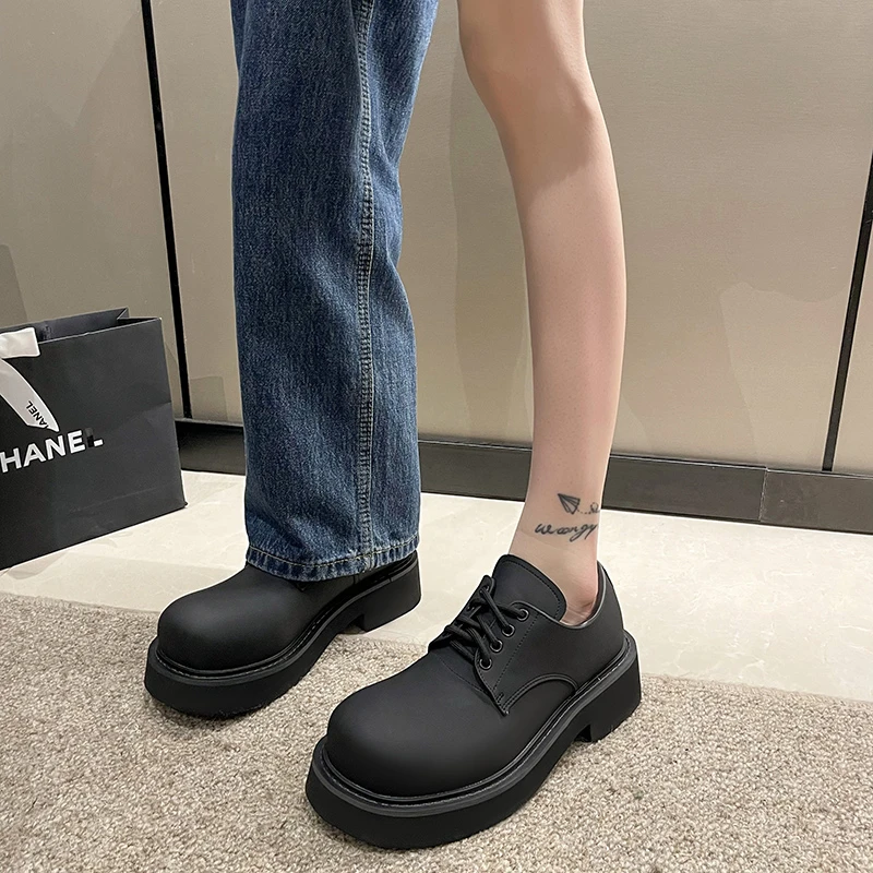 Fashion Boots Black Pu Leather Sports Platform Casual Women Big Toe Lace Raised Low Heel Shoes Infused with Street Style Loafers