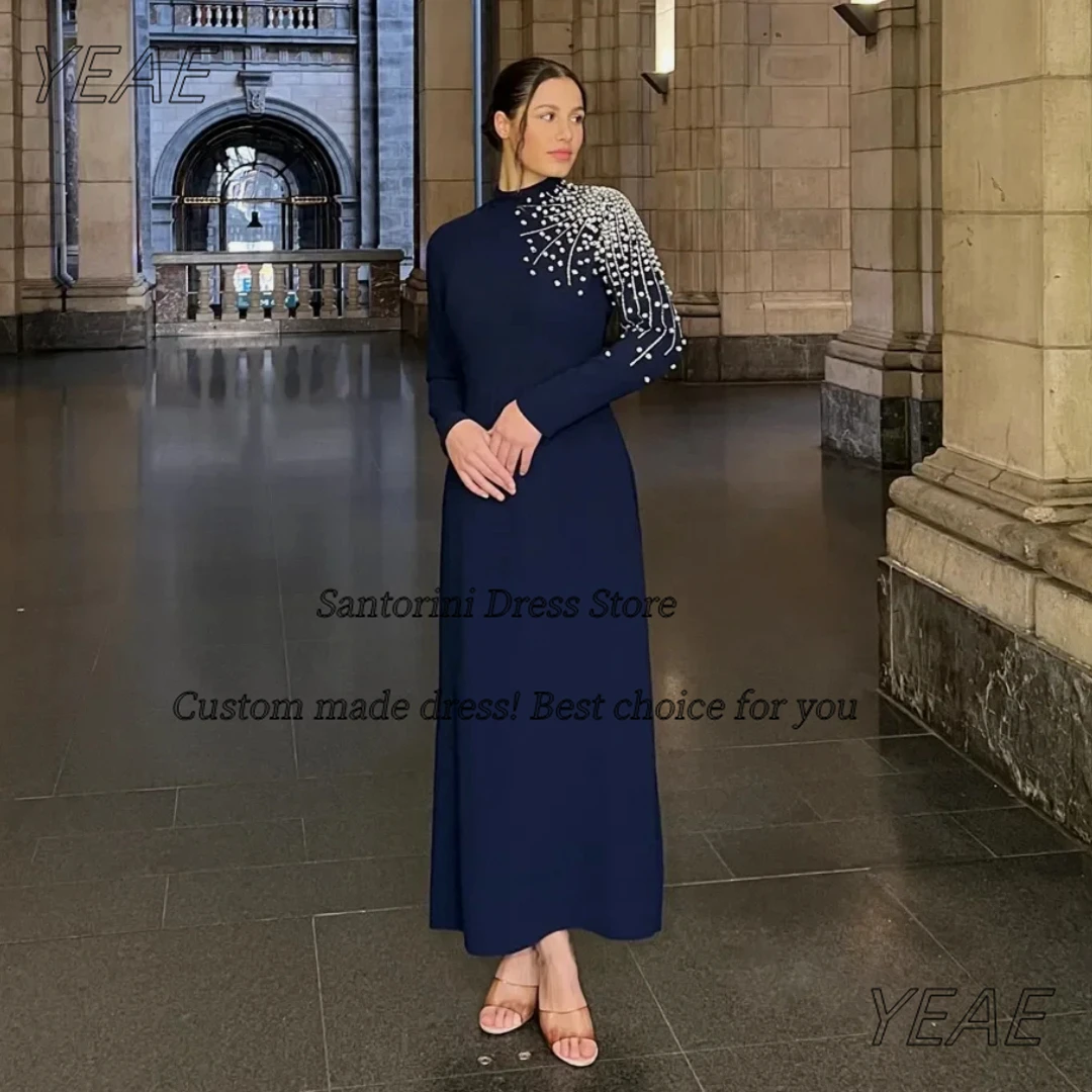 

Санторини Выпускные платья с высоким воротником Бисероплетение с длинными рукавами Вечерние платья Индивидуальное вечернее платье на молнии сзади с разрезом до щиколотки