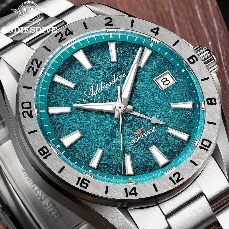 ADDIESDIVE Luxury GMT Quartz Watch Swiss Ronda 515-24H Movement 38mm Stainless Steel Sapphire Glass 200M Waterproof Wristwatch