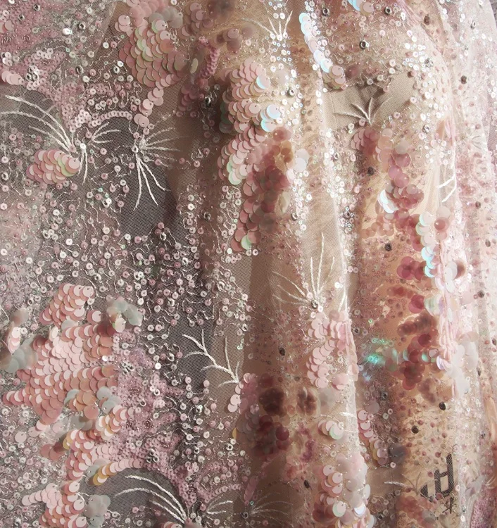 130cm wide 0.5meter/lot Pink Sequins Embroidery Mesh Fabric Dress Material / Curtain / Clothes SC437