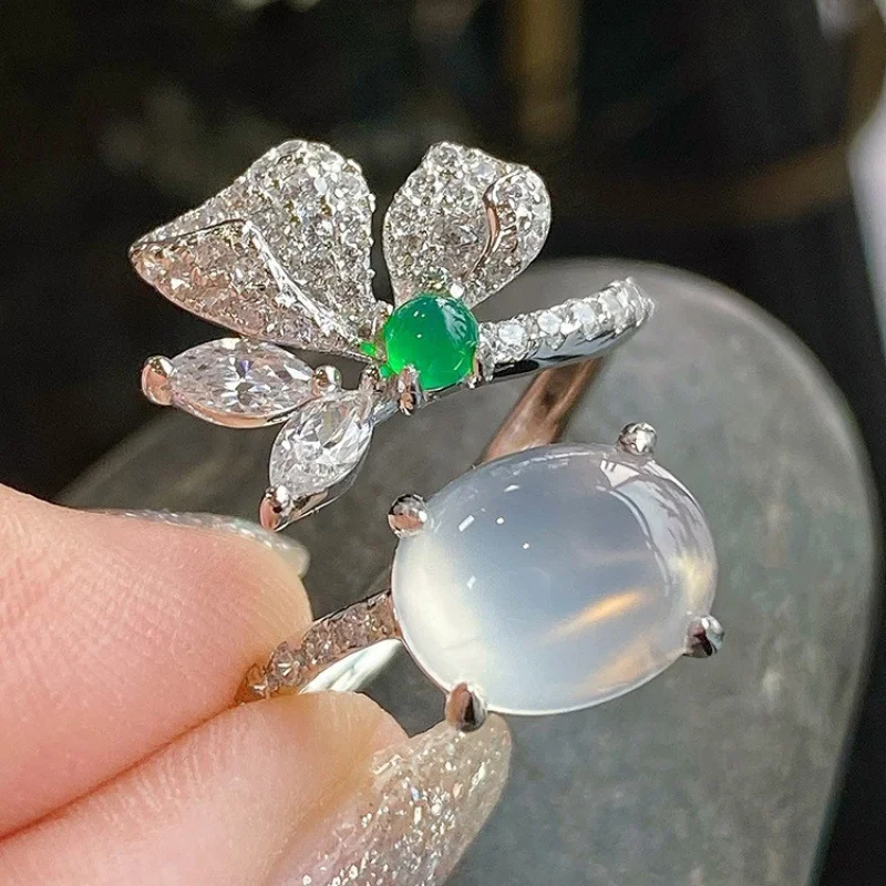 

High-End New Product Natural Ice White Chalcedony Agate Full Diamond Open Women's Ring