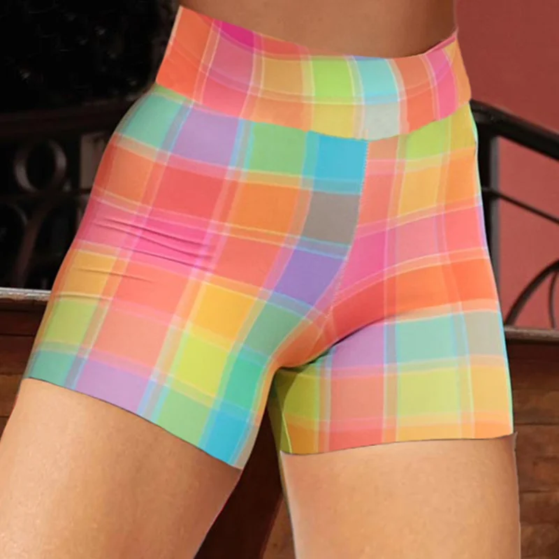 

FCCEXIO Rainbow Plaid Print Shorts Leggings Sport Women Fitness Sexy High Waist Pants Running Workout Leggin Seamless