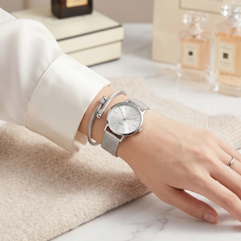 

Luxury Women's Watches Fashion Alloy Ladies Quartz Wristwatch Simple Elegant Silver Female Bracelet Watches Set Montre Femme