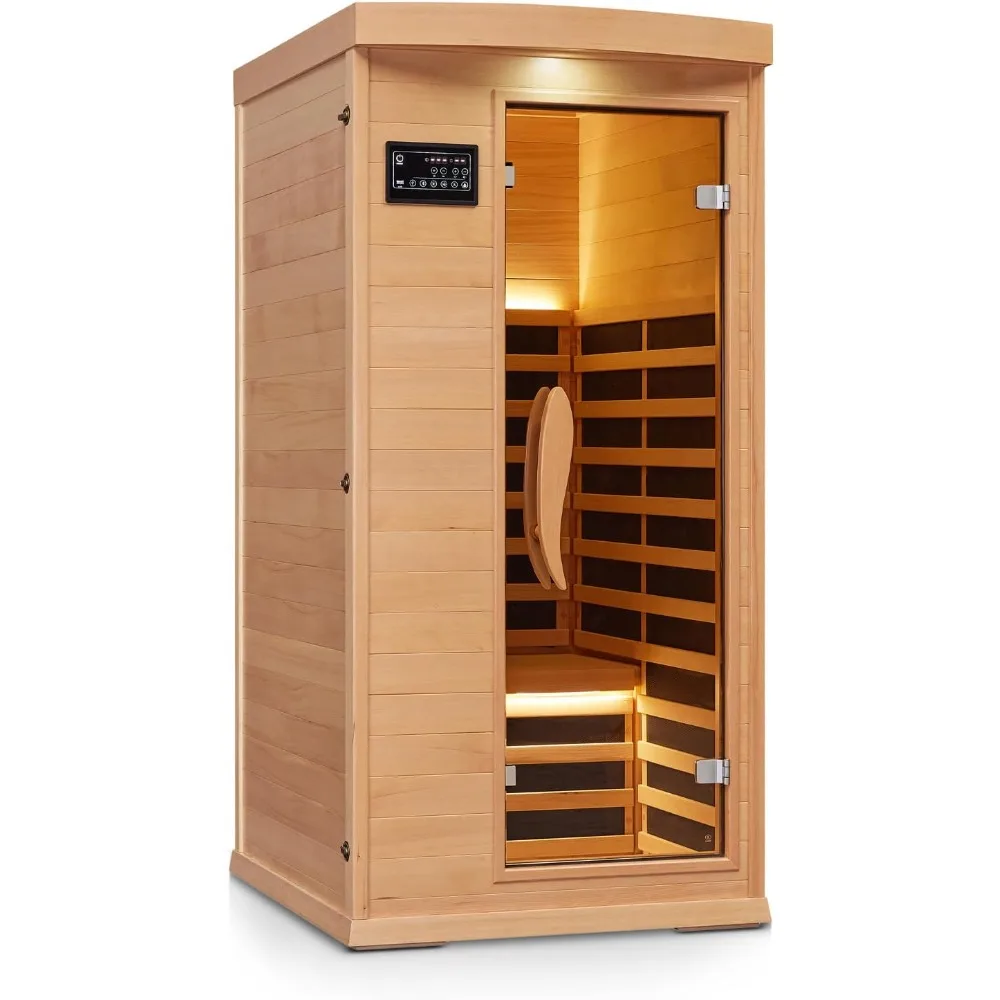 Infrared Sauna, 1 Person Canadian Hemlock Home Sauna 110V, Low EMF 1666W Heaters Panels Dry Sauna for Home, LCD Con