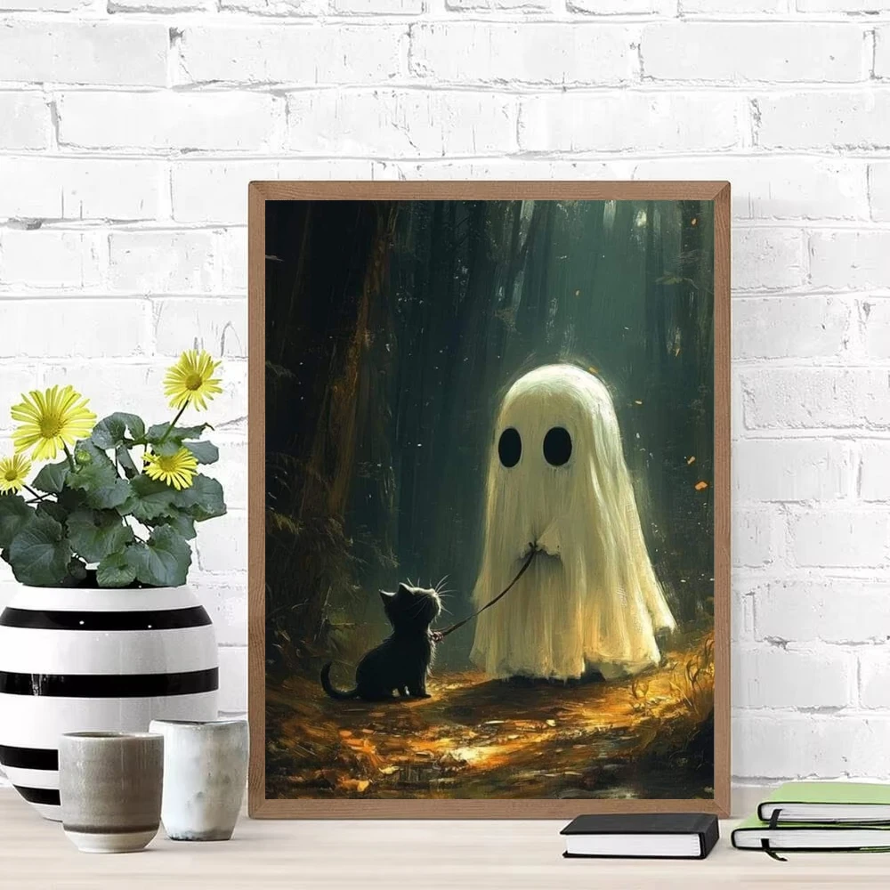 Cute Ghost Walking Cat Oil Painting By Numbers DIY Paint Set Mysterious Forest Artwork Living Room Wall Decoration Frameless