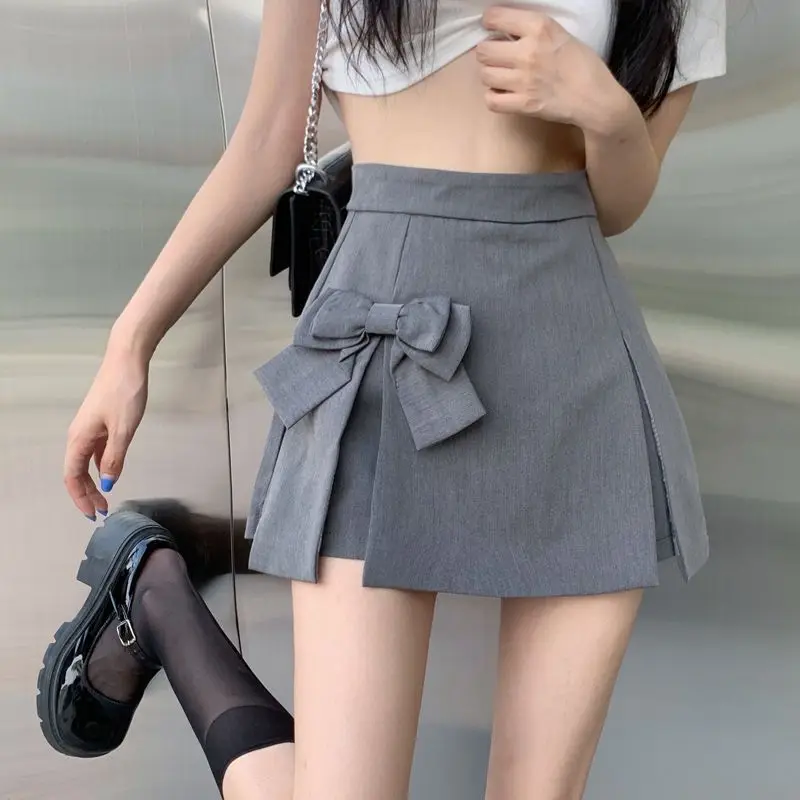Summer Preppy Style High-waisted Pleated Skort 2026 New Women Bow Suit Cloth A-line Skirt Student Fashion Sweet Student Skirt