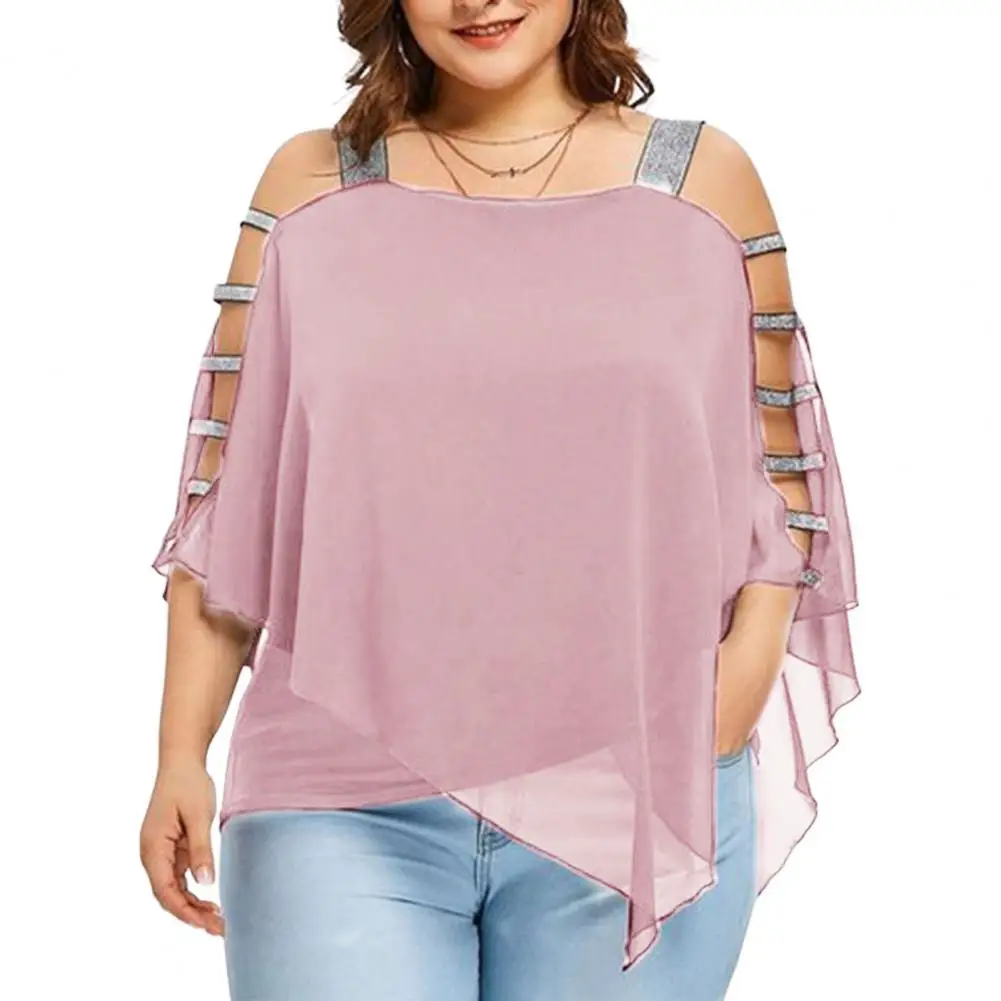 Sexy Fashion Plus Size Tops Women Ladder Sling Cut Overlay Patchwork Hollow Out Blouse Strapless Tops Flare Sleeves Blouse