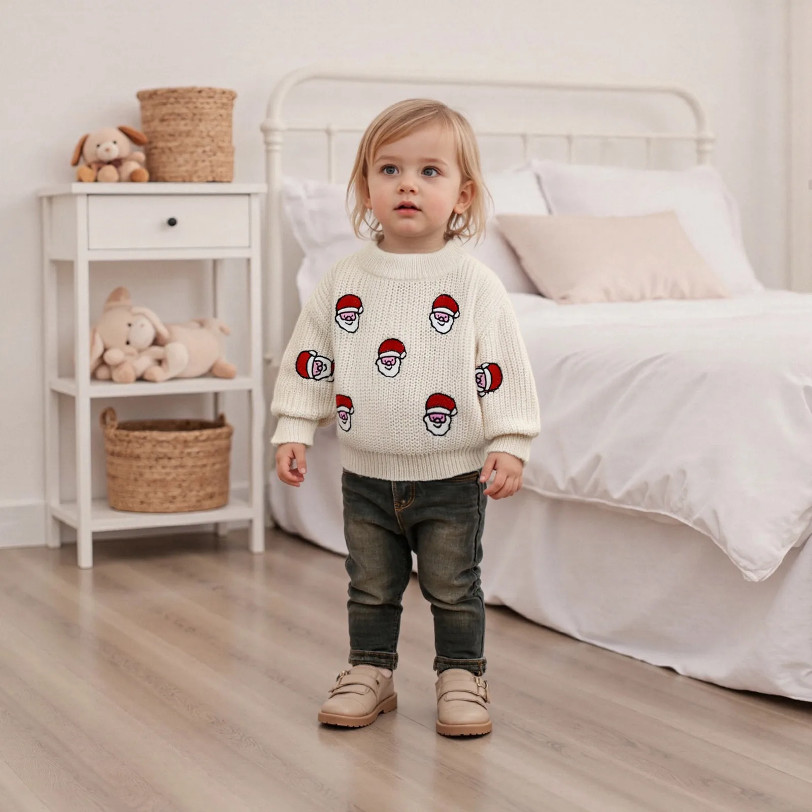 FOCUSNORM-suéter de Navidad para bebés y niñas de 0 a 3 años, Tops de punto de manga larga acanalados bordados de Papá Noel para invierno
